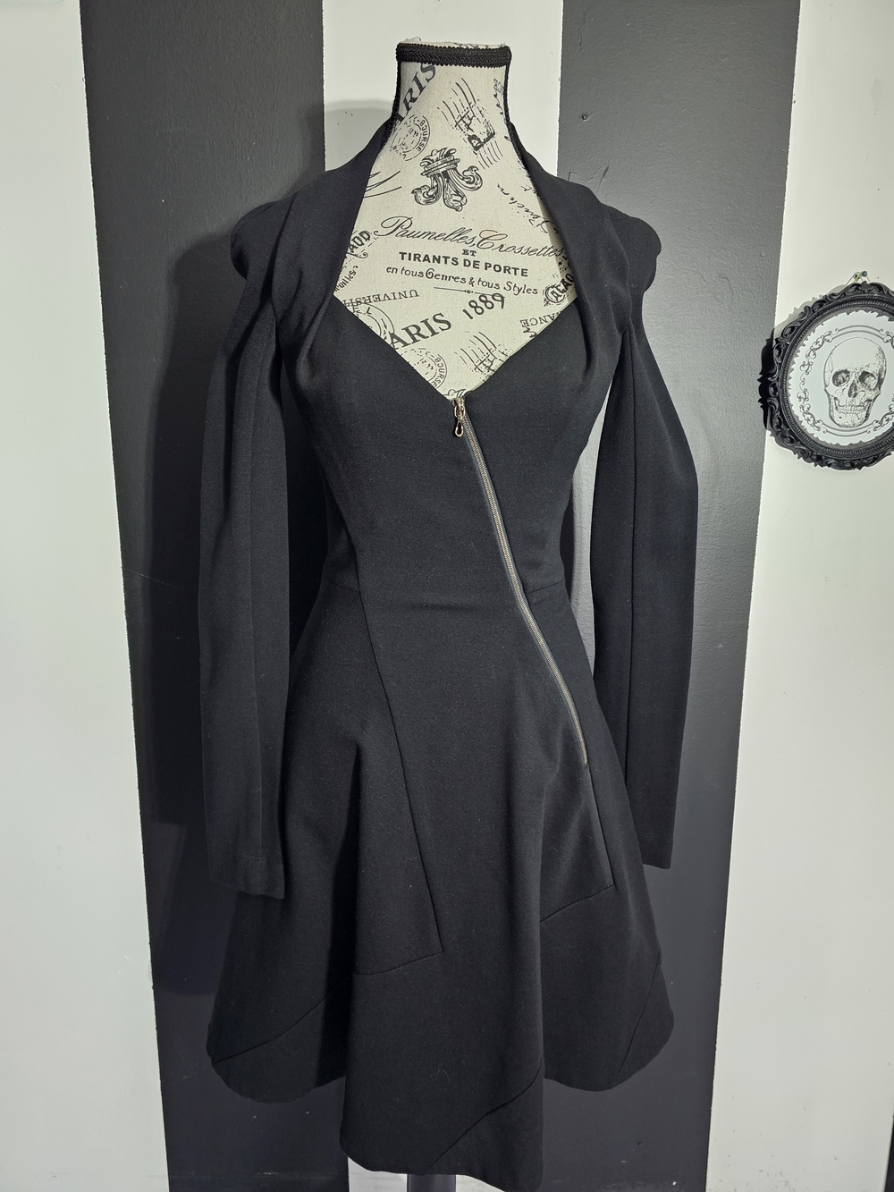 Willow Black Long-Sleeve Fit & Flare Dress with Asymmetric Zip